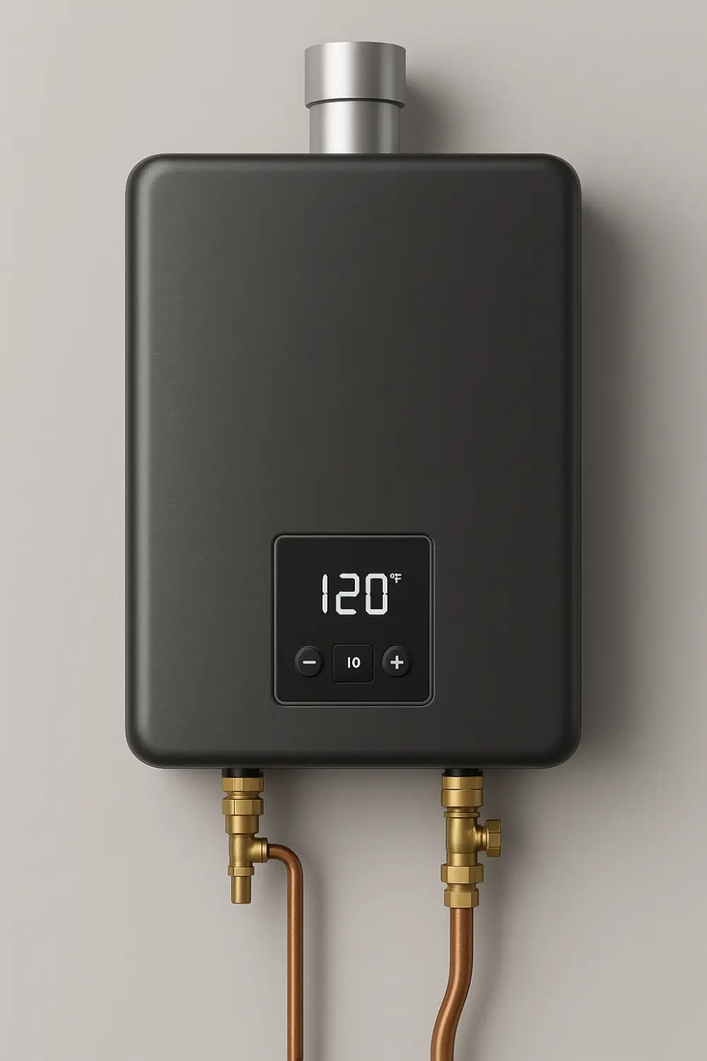 Dark gray tankless water heater with digital temperature display, mounted on wall with copper and brass plumbing connections