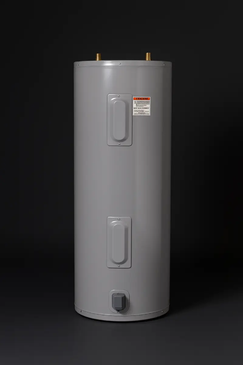 Electric water heater with brass fittings and access panels against a dark background for detailed product display