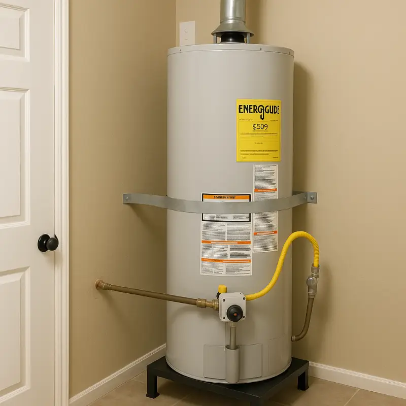 Gray gas water heater installed in a beige utility room with correct ENERGY GUIDE label, safety strap, and yellow gas line.