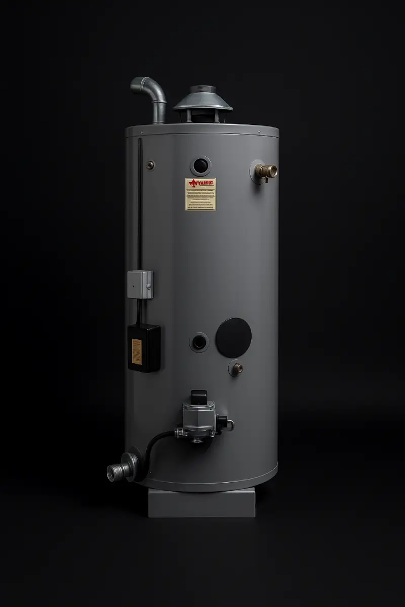 Gas water heater with galvanized vent and brass fittings against a dark background for detailed product view