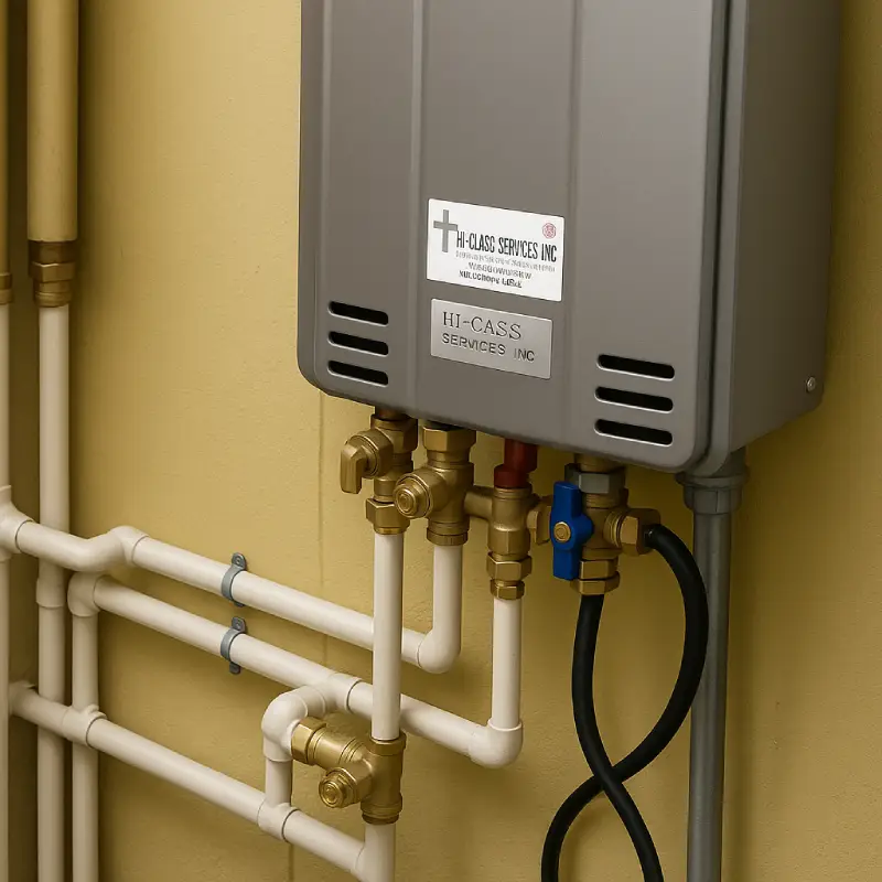 Close-up of tankless water heater installation with connected PVC pipes, valves, and fittings on a yellow wall