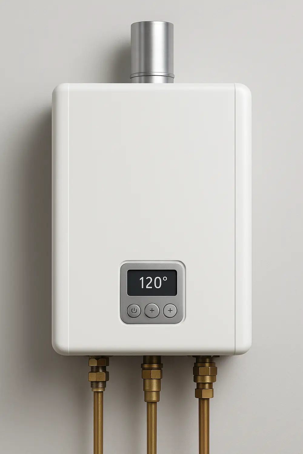 Wall-mounted modern tankless water heater with digital temperature display and brass inlet pipes