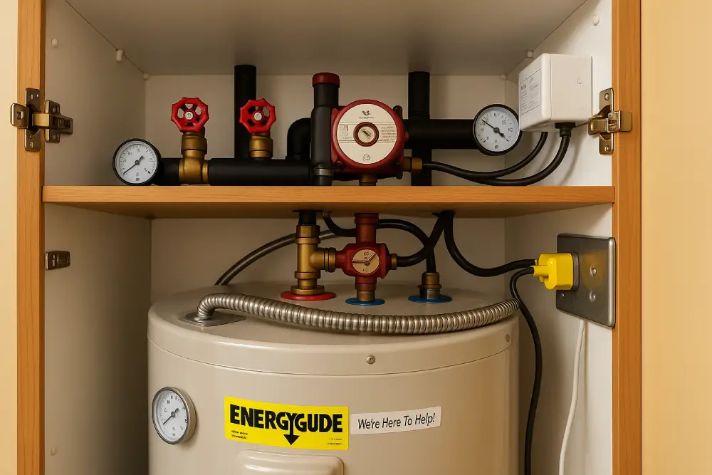 Compact water heater installation inside a cabinet with pressure gauges, red valves, and electrical connections.
